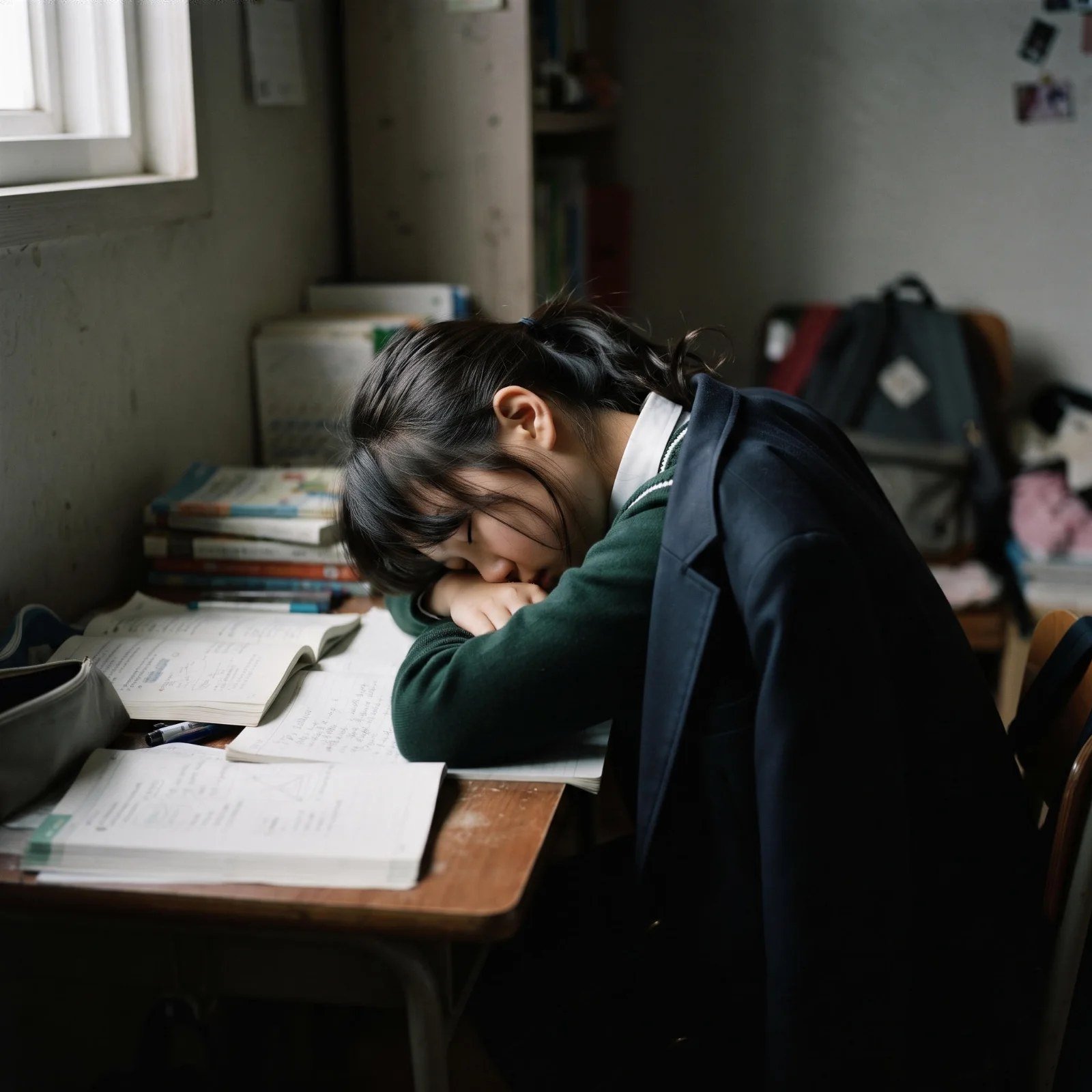 國中女生不舒服趴在書桌上休息